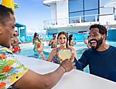 bartender handing couple cocktails swim and tonic pool star of the seas