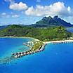 Aerial view of overwater bungalows in Bora Bora