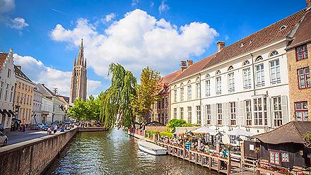 View of a canal in Bruges, Belgium with buildings on both sides