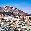 View of the town of Hakodate with Mt. Hakodate in the background, in Hakodate, Japan