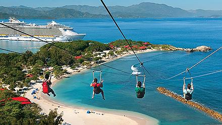 Friends Zip Lining Down Dragon's Breath Flight Line Labadee, Haiti