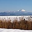 View of Mount Daisen from a snowfield in Sakaiminato, Japan