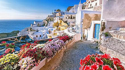 Scenic view of traditional cycladic houses on small street with flowers in foreground, in Santorini, Greece