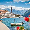 Scenic panorama view of the historic town of Perast at famous Bay of Kotor 