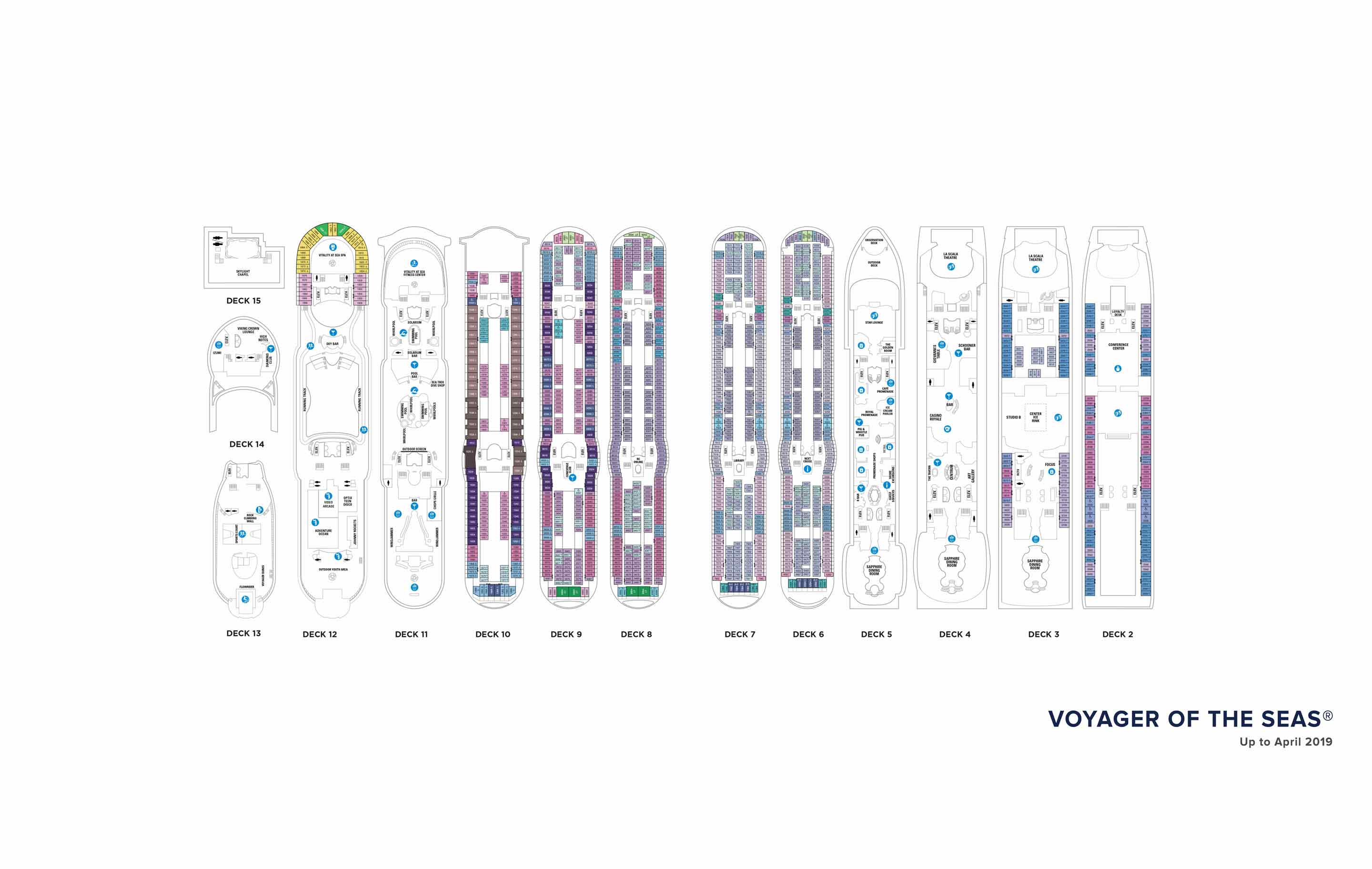 The deck plans for Voyager of the Seas, Royal Caribbean Cruises